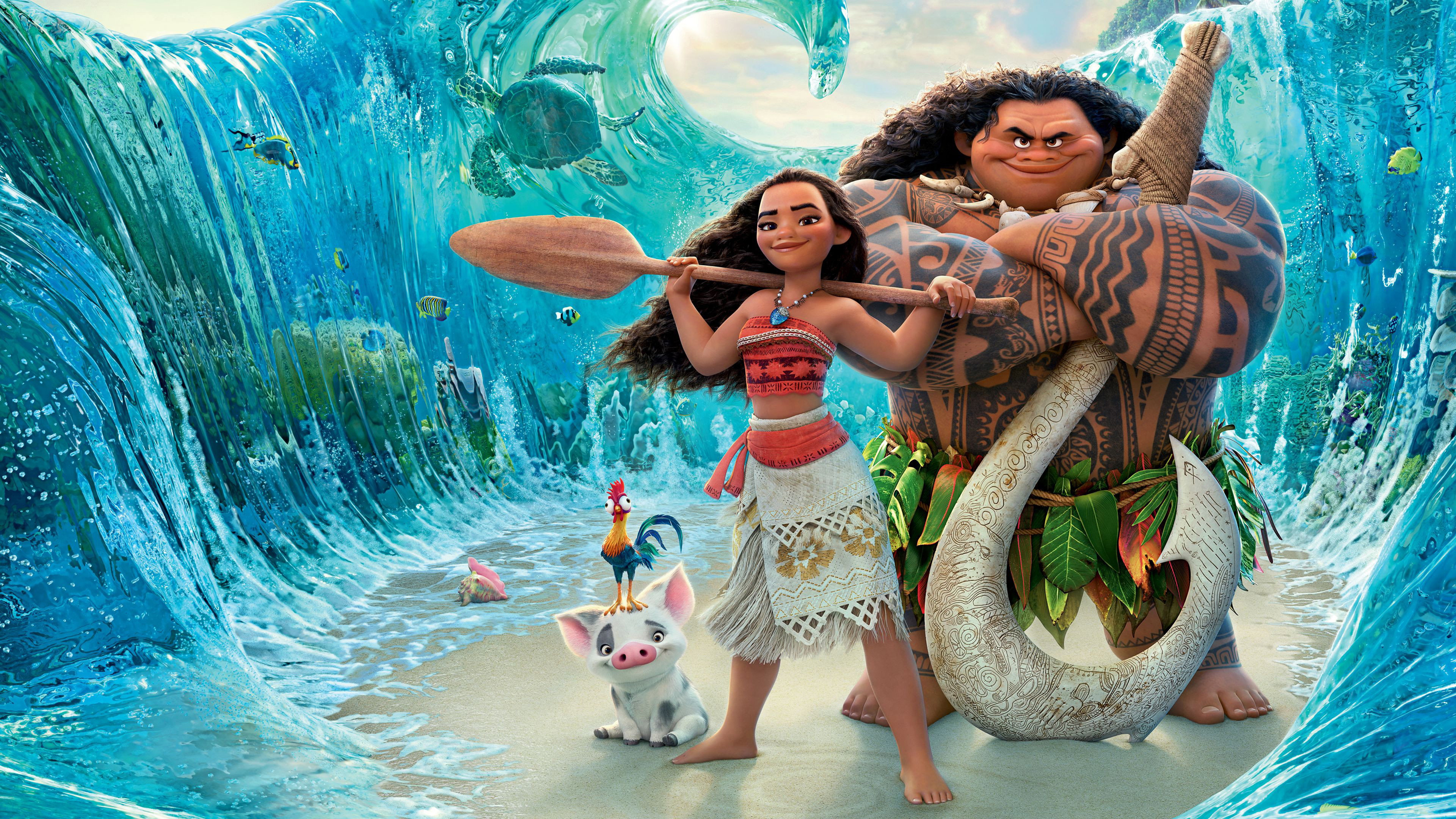 Moana, Maui, Pua and Heihei with the ocean parting around them (promo key art)