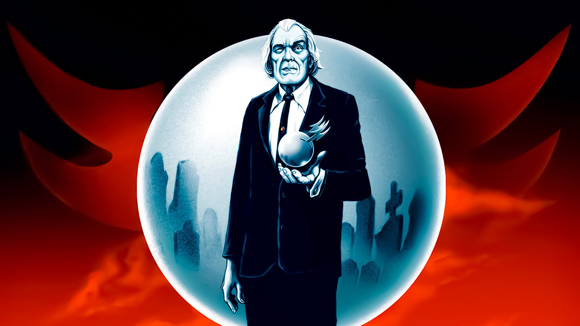 The Tall Man looms inside a pale sphere over a graveyard in the red world (Phantasm key art)